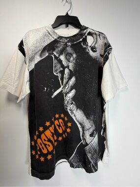 Black & White Graphic Tee with Orange Accent - Men’s Shirt Large